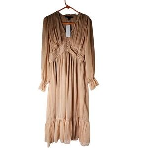 French Connection Alita Pleated V-Neck Long Sleeve Midi Dress 10 Clay Nude‎ NWT